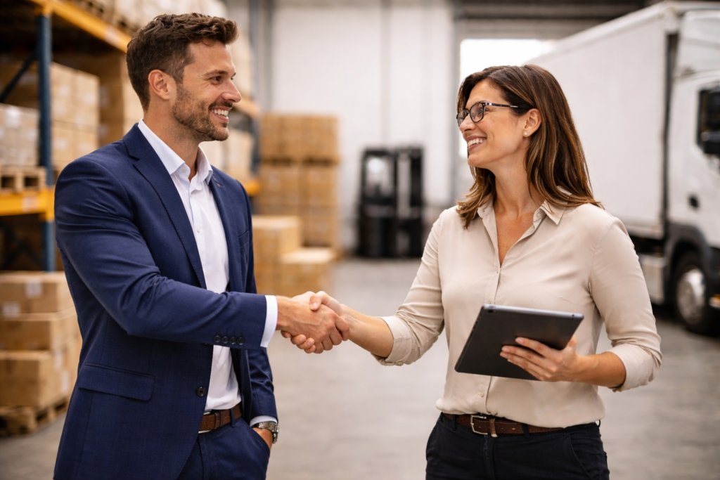 Illustration d’un entrepôt logistique français avec préparation, emballage et expédition de commandes pour e-commerçants et DNVB.