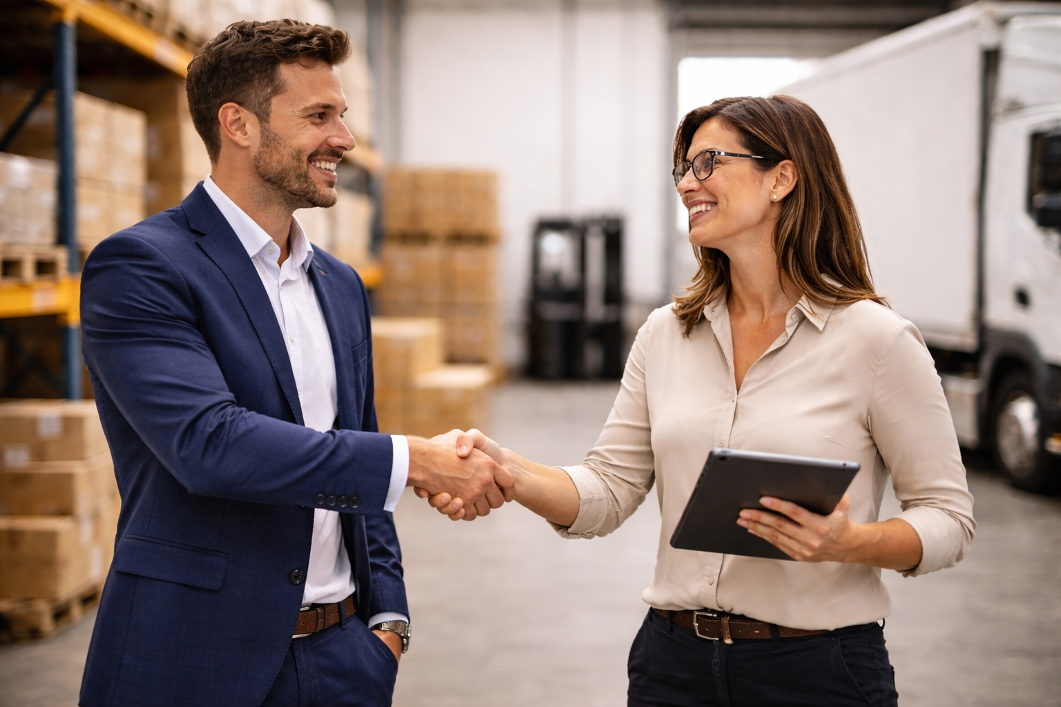 Illustration d’un entrepôt logistique français avec préparation, emballage et expédition de commandes pour e-commerçants et DNVB.