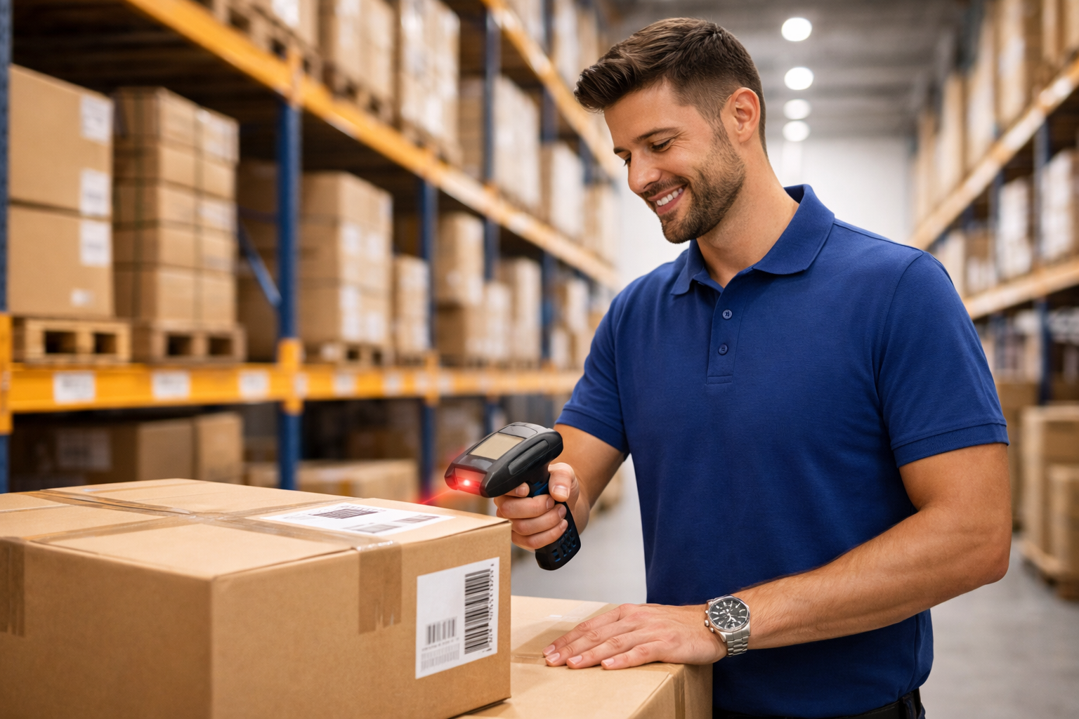 Opérateur préparant une commande sur la plateforme logistique La Log’ à Bordeaux, avec scanneur code‑barres.