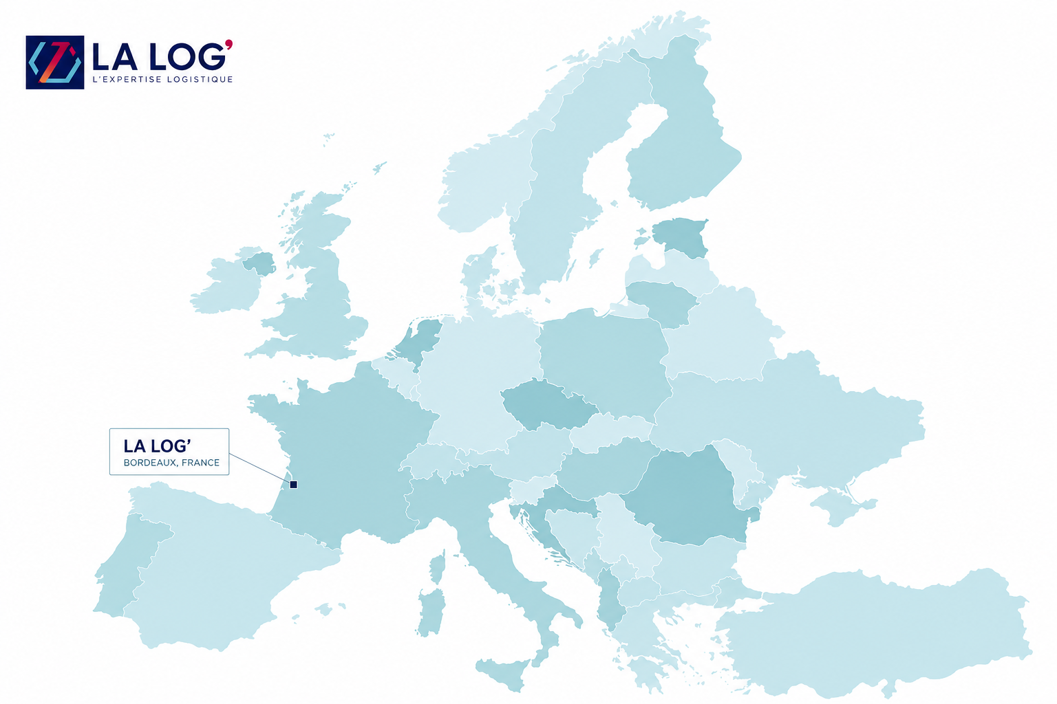 Carte de l’Europe avec le point d’ancrage de La Log’ à Bordeaux, entreprise logistique e-commerce desservant la France et l’Europe