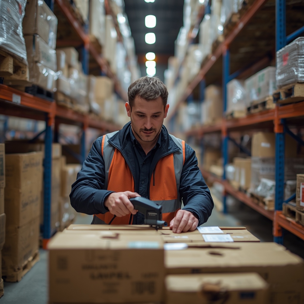 Opérateur scannant un code-barres dans un entrepôt logistique à Bordeaux – logisticien Bordeaux La Log’