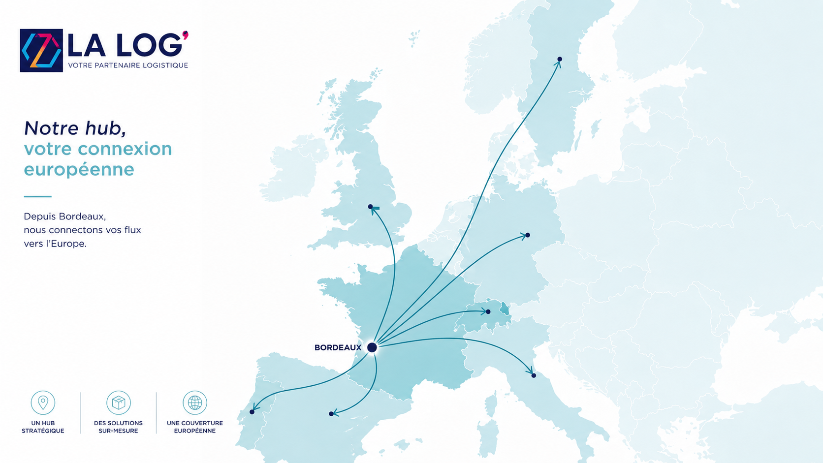 Carte illustrant les connexions aériennes, routières, maritimes et ferroviaires de Bordeaux vers l’Europe et le monde pour une logistique internationale performante