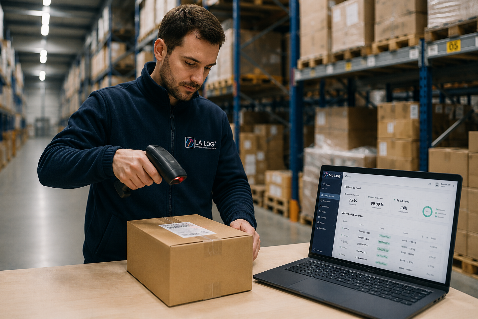 Homme debout devant une table dans un entrepôt logistique. Il tient un scanner de type pistolet et scanne un carton. À côté de lui sur la table, un ordinateur portable affiche des données. En arrière-plan, étagères métalliques remplies de colis.