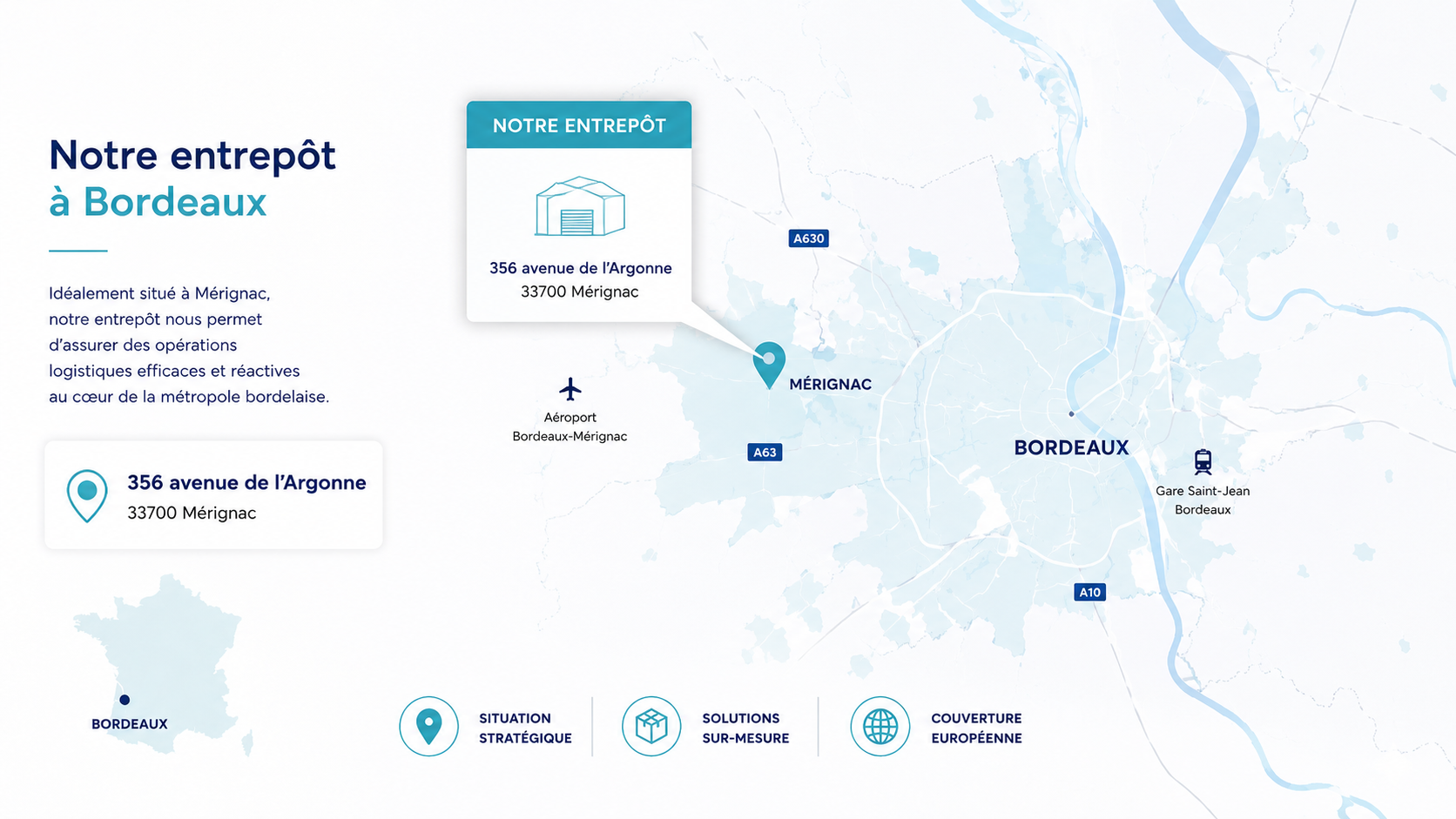 Infographie moderne sur l’optimisation logistique à Bordeaux présentant l’emplacement d’un entrepôt situé à Mérignac, avec une carte détaillée de la métropole bordelaise et les principaux axes de transport.